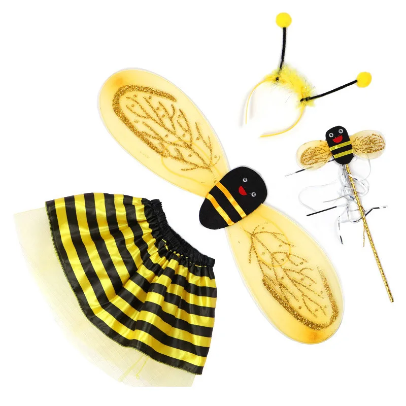 Mardi Gras Carnival Cosplay Costume Performance Clothes Hair Band Fairy Stick Tutu Skirt Dress Bee Wings 4-Piece Set
