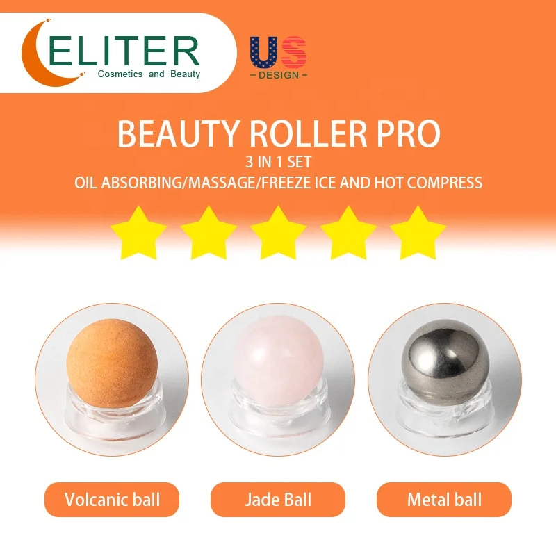 Eliter 2023 Hot Sell 3 In 1 Replaceable Portable Volcanic Oil Absorbing Roller Ice Roller Globe Jade Roller And Massager