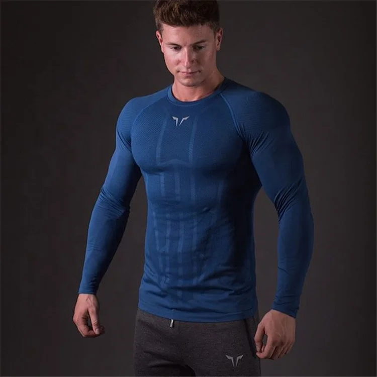 New fashion Stitching color men  fitness sports running tight T shirt stretch sweat quick dry long sleeve shirt