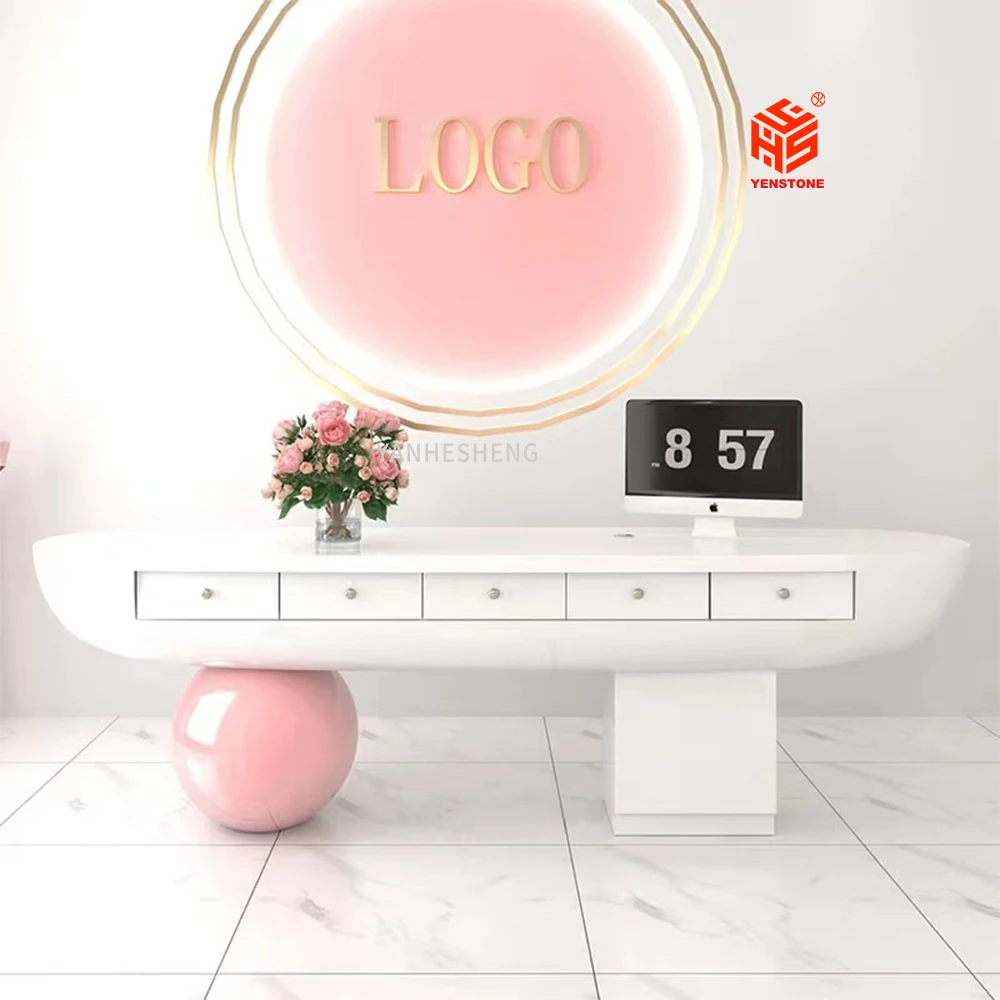 2022 salon pink Yenstone oem artificial stone beauty nail design modern front desk 1700 mm reception desk custom reception desk