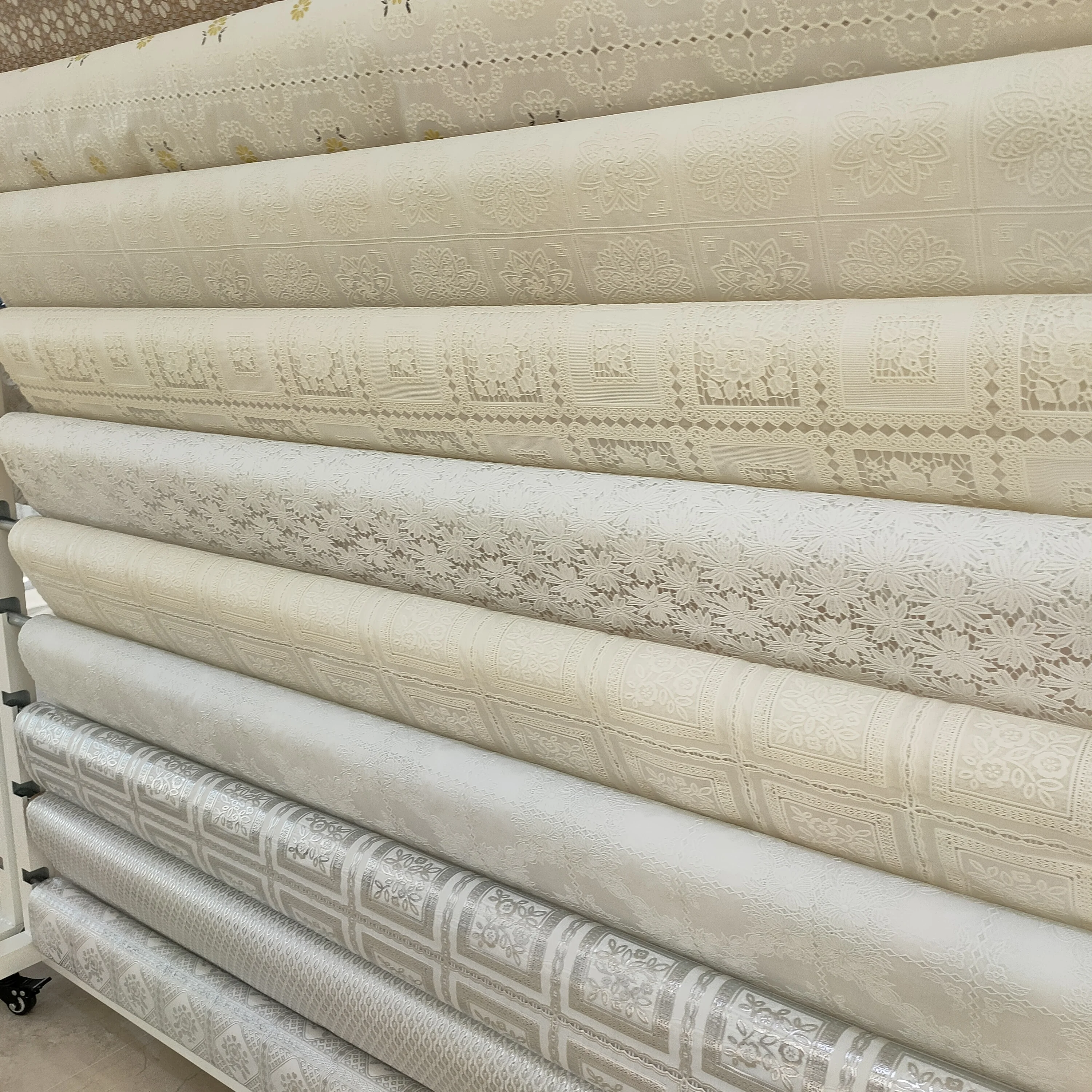 Custom print rectangular lace white plastic pvc vinyl tablecloths for decoration tables