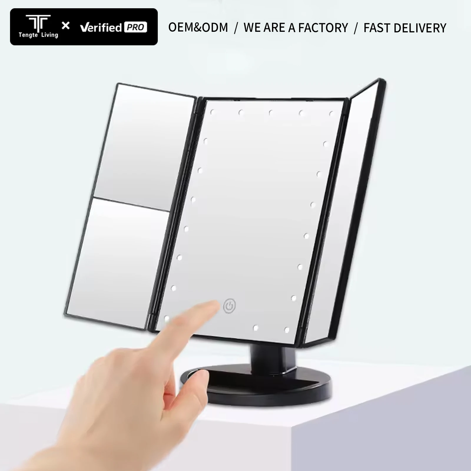 Folding LED Cosmetic Mirror 1x 2x 3x Magnification Square Shape Lighted Beauty Mirror with Single Side on Table