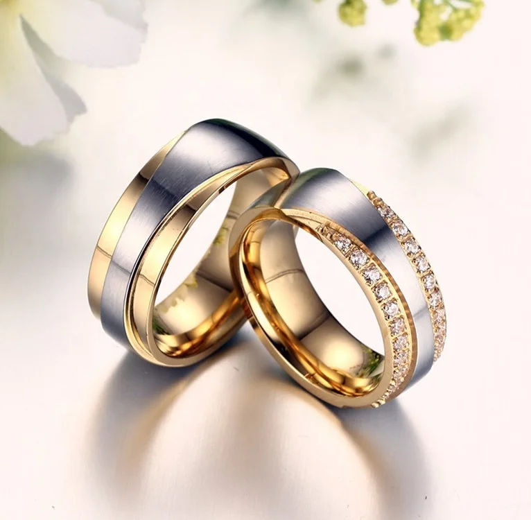 Sini Jewelry Wholesale Stainless steel couple wedding ring fashion 14k gold micro set 3A diamond ring jewelry