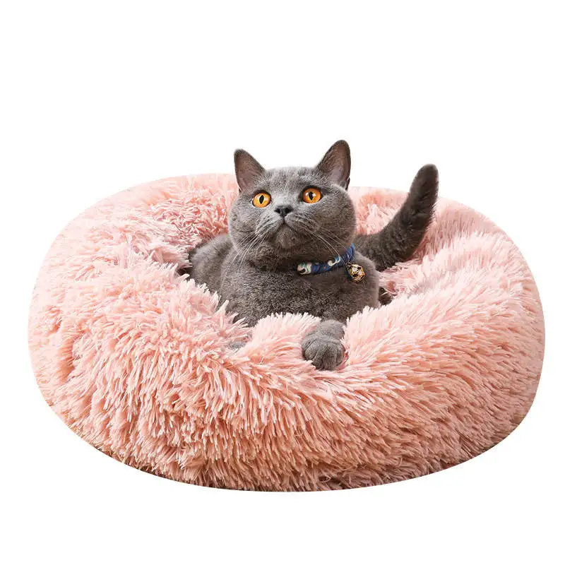 Pets Dropshipping Soft Warm Faux Fur Donut Dog Bed Calming Plush Luxury Fluffy Pet Bed Round Washable With Custom Logo