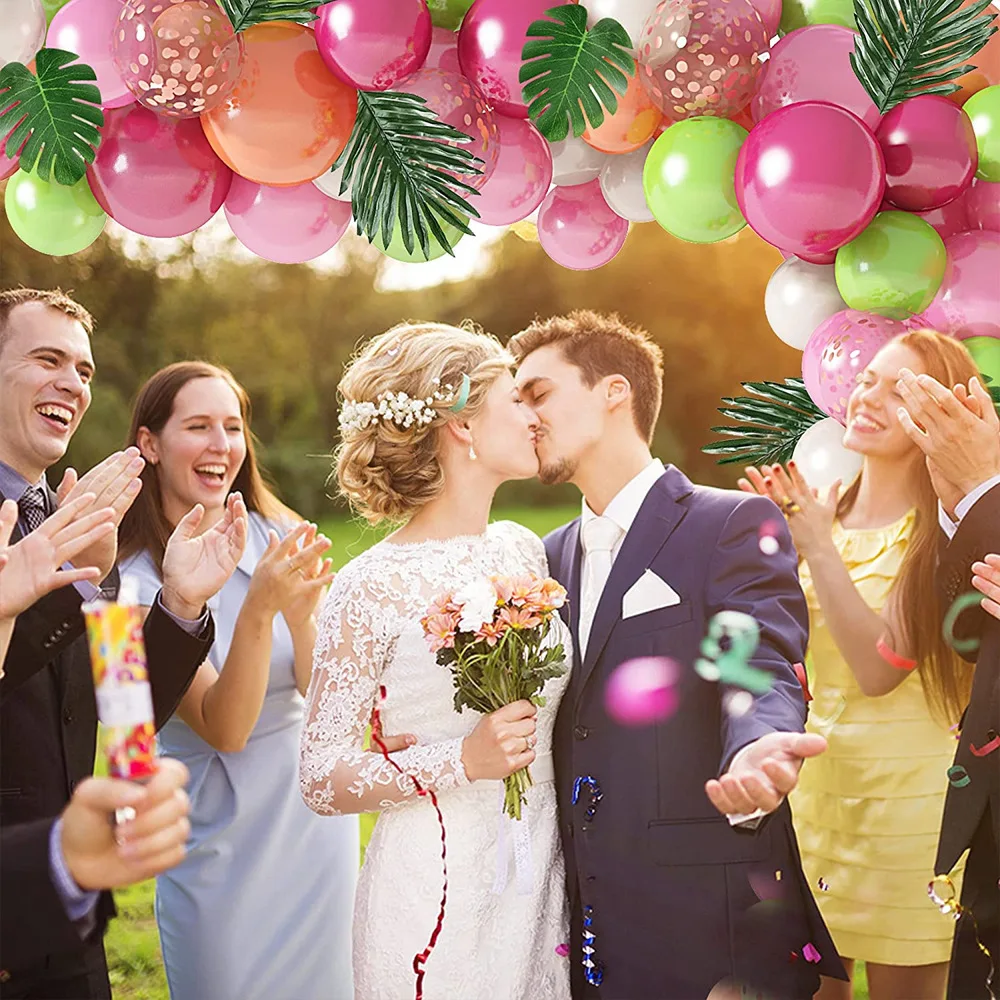 Hawaii Tropical Style Carnival Summer Holiday Palm Leaves Green Fuchsia Fruit Pitaya Color Latex Balloon Garland Arch Set