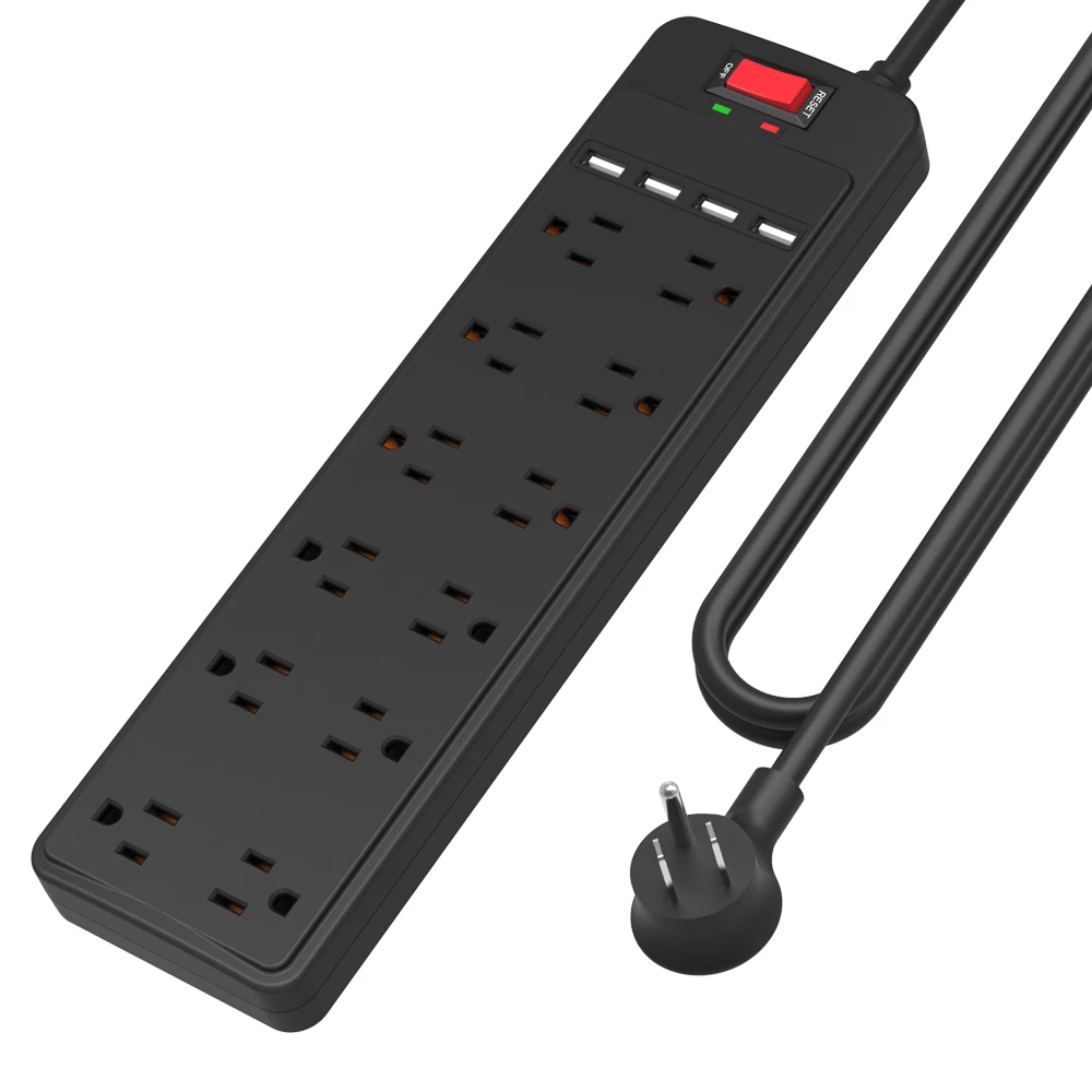 Multifunction 12 AC Outlets 4USB Extension Cord Surge Protector Safety Power Strip
