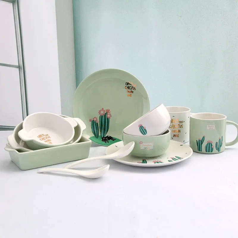 
Creative tableware set simple bone porcelain bowl painted gold plate household cactus baking pan ceramic cup 