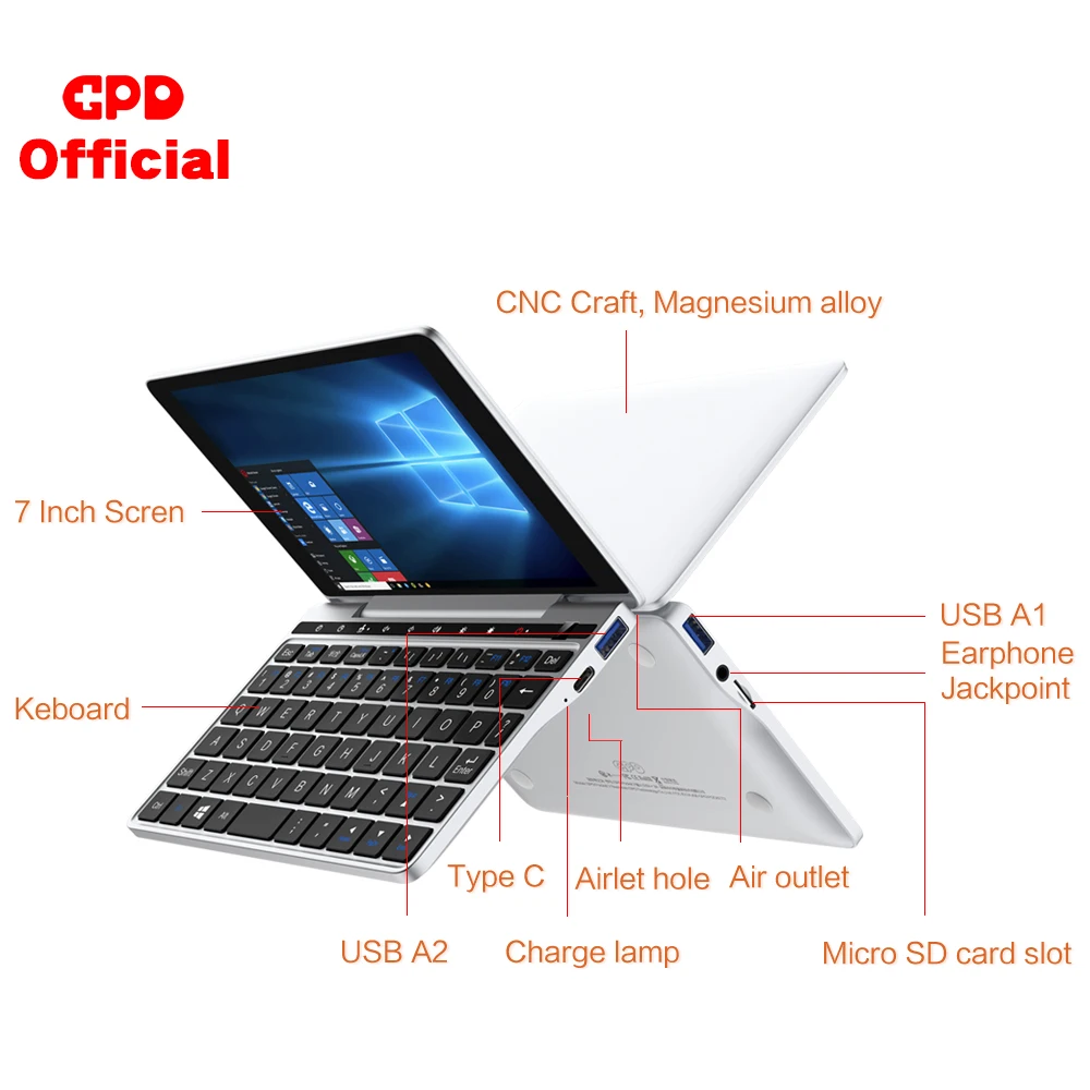 
GPD Pocket 2 Pocket2 8GB 256GB 7 Inch Touch Screen Mini PC Pocket Laptop Notebook CPU Intel Celeron 3965Y Windows 10 System 