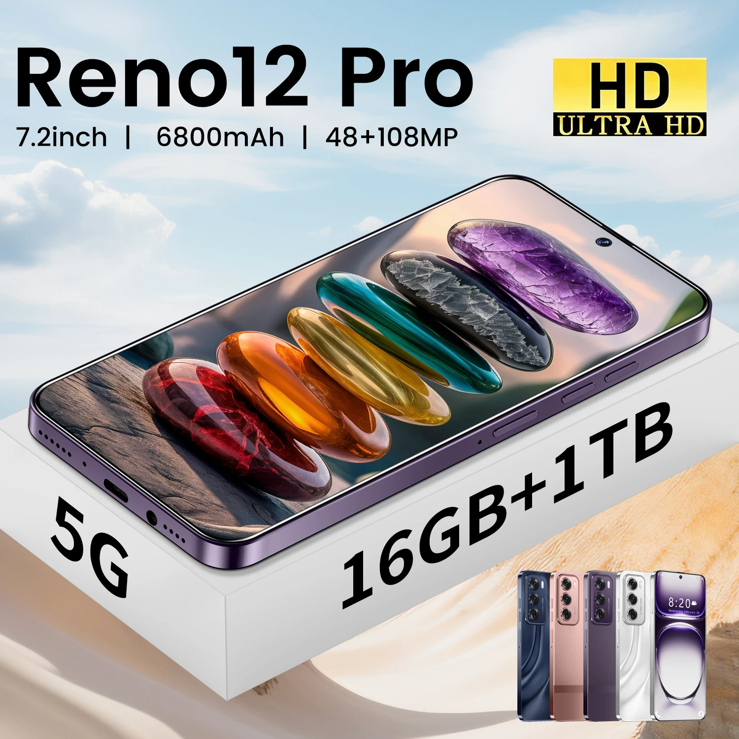 High Quality Unlocked 7.3 Inch Reno 12 Pro Smartphone 16GB+1TB 5G Android 13.0 Dual SIM HD Screen Face Unlock Global Gaming