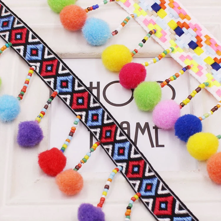 Hot Selling Colorful Wool Ball Lace Diy Handmade Nailed Beads National Style Ribbon Curtain Tassel Lace