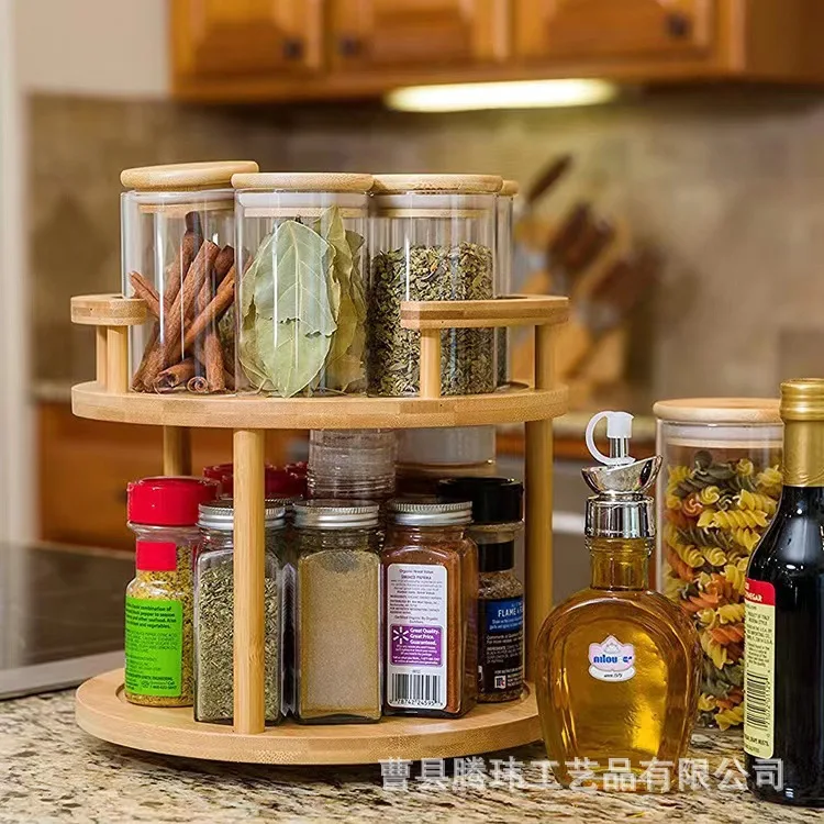 Bamboo Kitchen Shelf Home Wooden Spice Rack 2 Layer Rotating Tray Cabinet Spice Kitchen Storage Racks Removable