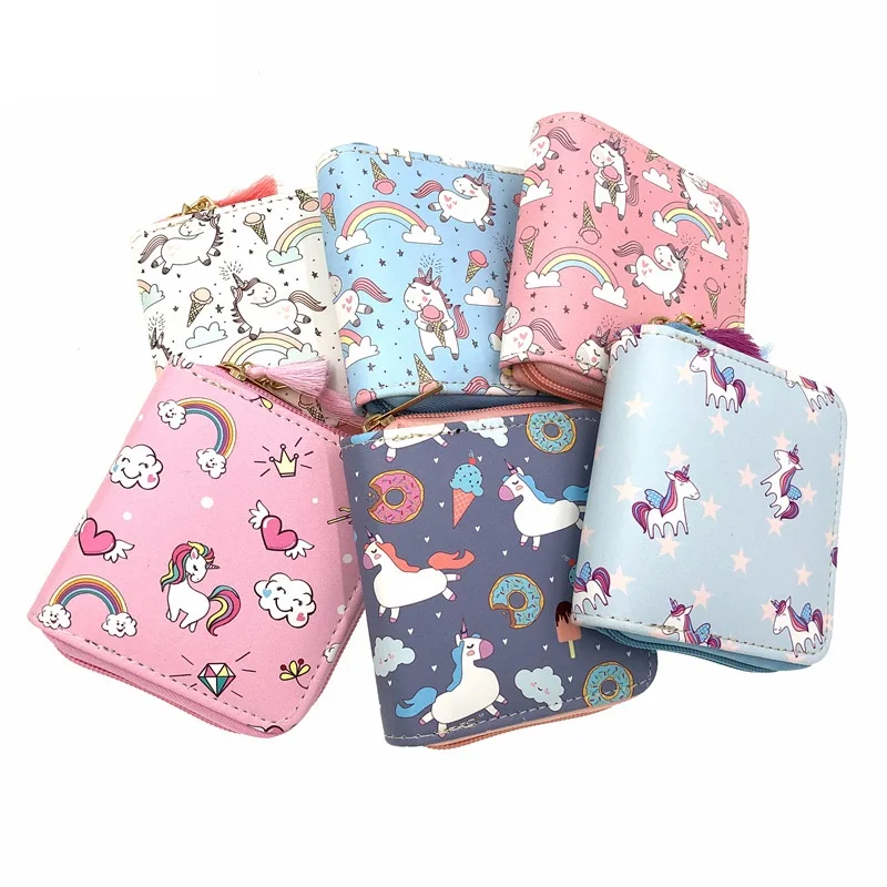 Factory spot cartoon Unicorn PU tassel wallets student ladies wallet handbags mini purse for women