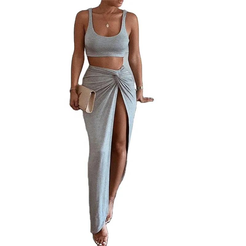 HJ ESE23 High Split Asymmetric Long Dress With Suspender Vest 2 Piece Set Women