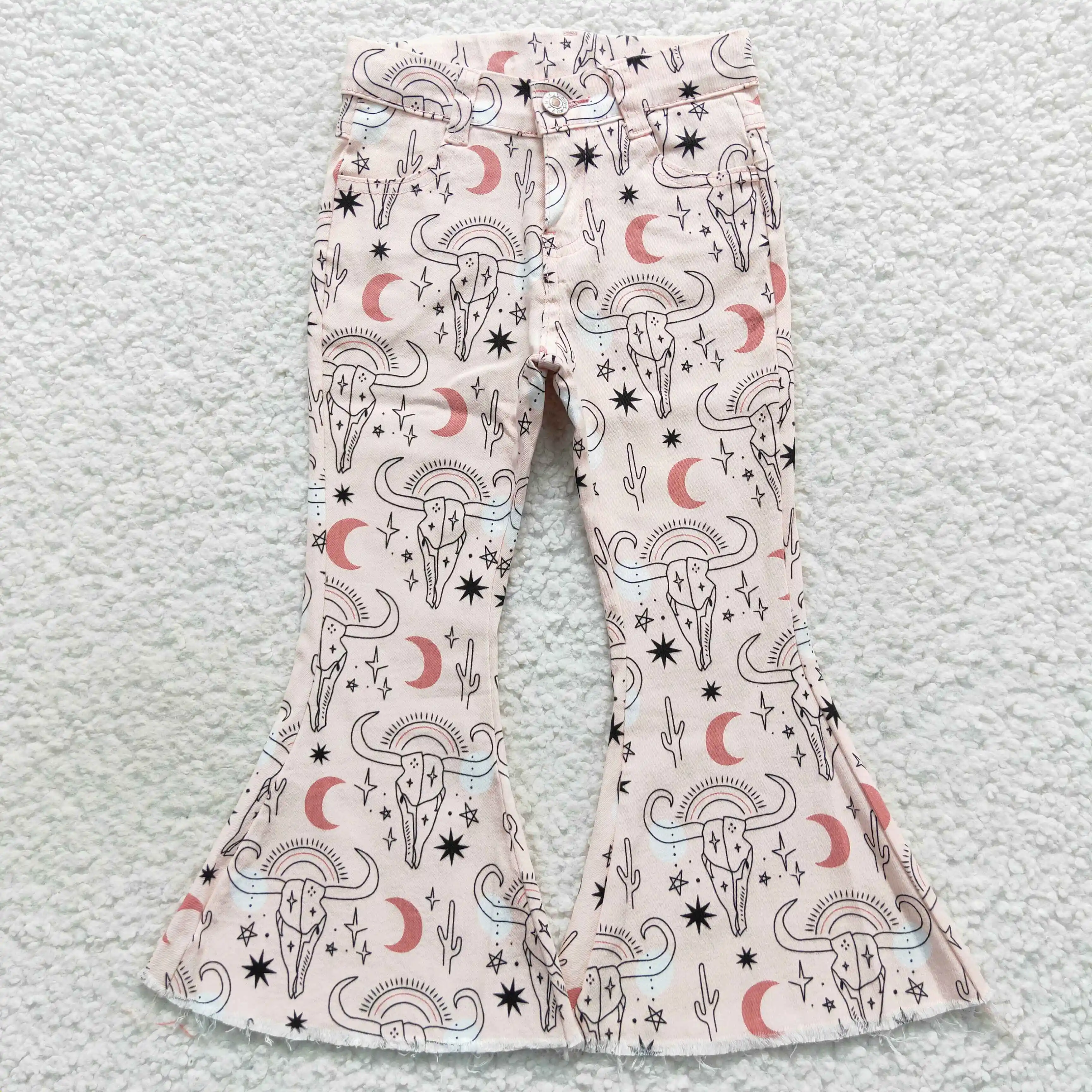 RTS Baby Girls Pink Cow Skull Moon Denim Stretchy Fashion Wholesale Kids Toddler Bell Bottom Pants Western Jeans Trousers