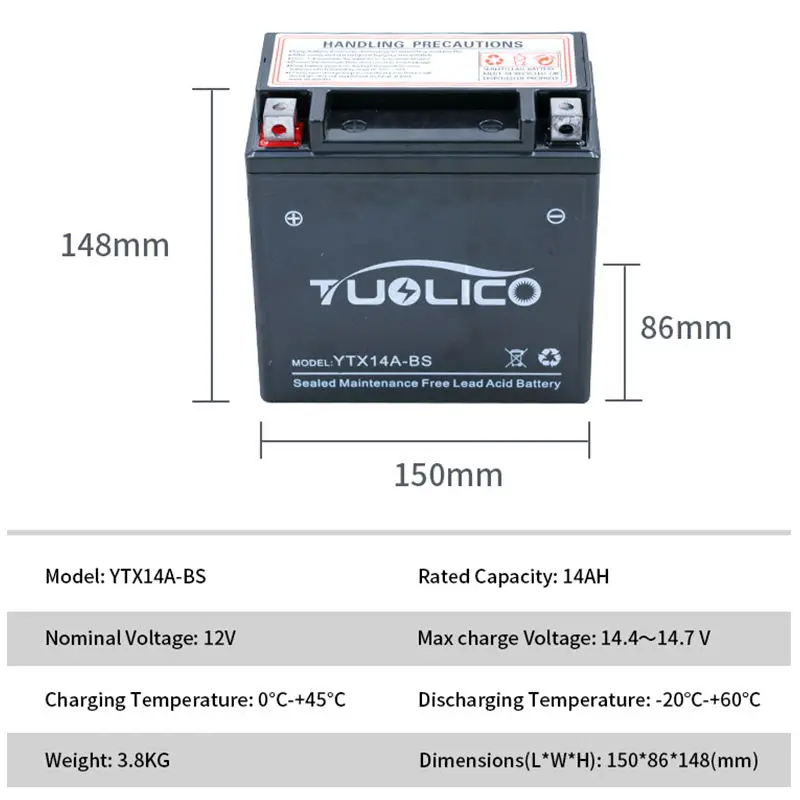 High Discharge YTX14 BATTERY 12v 14ah Sealed Battery 14ah/10hr Starter Battery