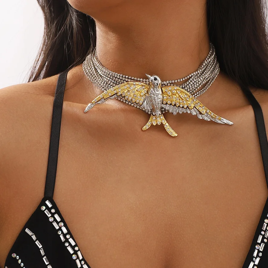 Vintage Exaggerated Rhinestone Swallow Bird Necklace Cuff Choker Necklace Layered Necklaces For Women