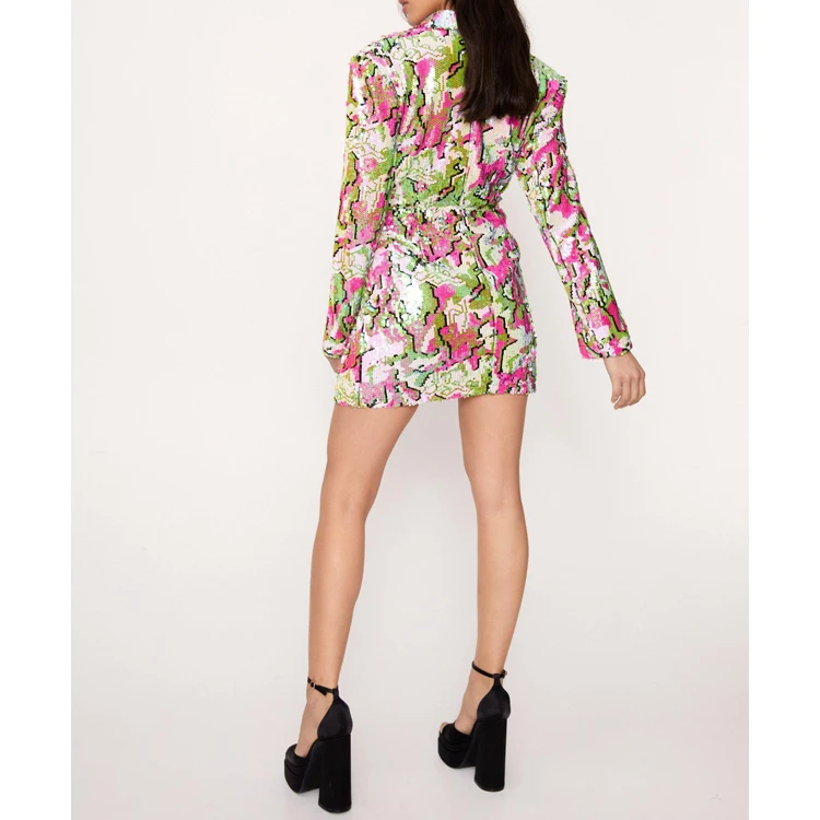 Custom 2023 trend lady fashion vintage elegant winter luxury long sleeve v neck sequins blazer mini clothes dress for women