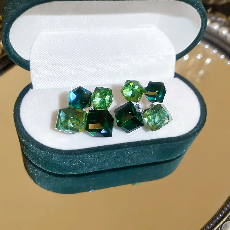 Square green crystal stitching earrings Sen high style all-in-one earrings