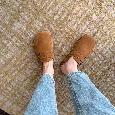 Genuine Leather Thick-soled Closed-toe Half-slippers For Women Summer Outdoor Slippers