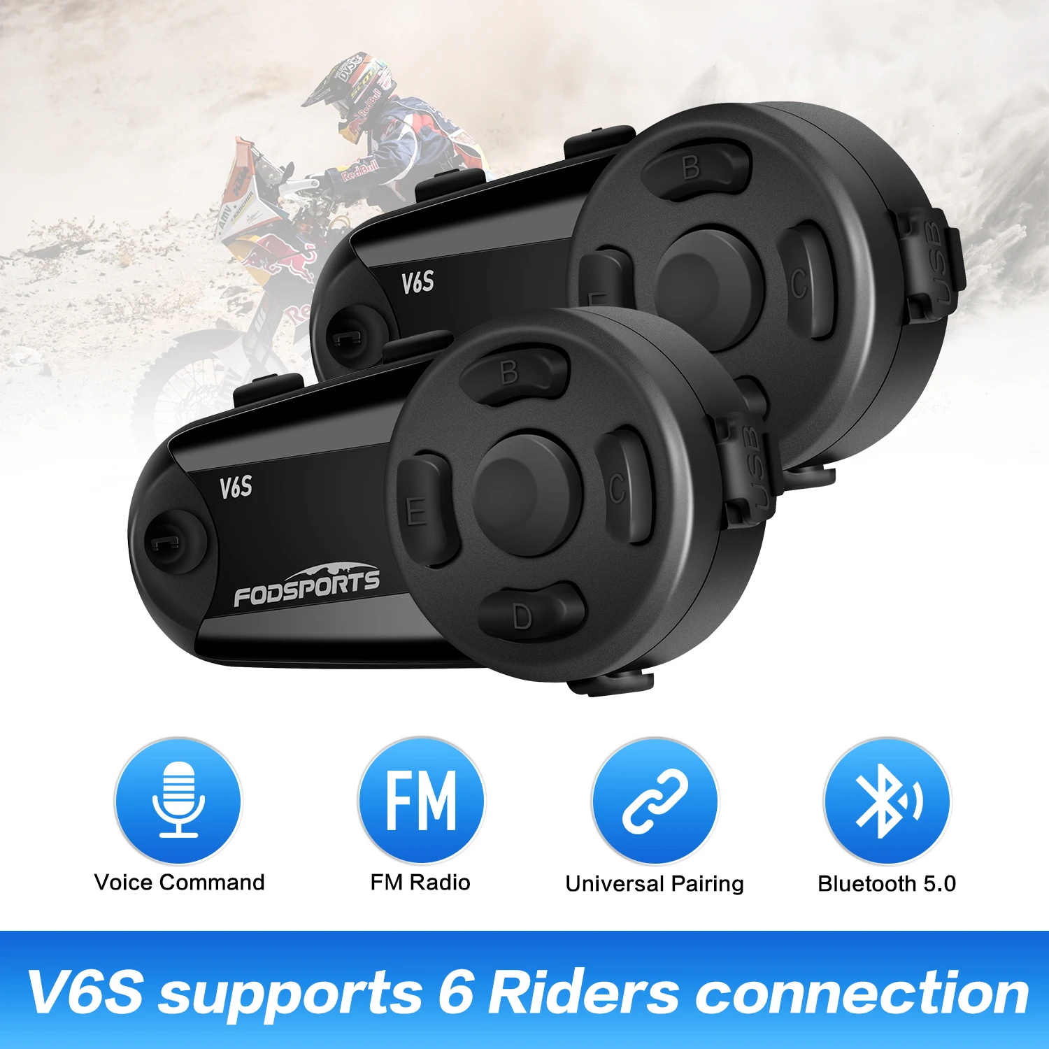 Fodsports V6S 1000m 6 riders FM radio CVC noise reduction referee intercom bluetooth headset v6 intercom