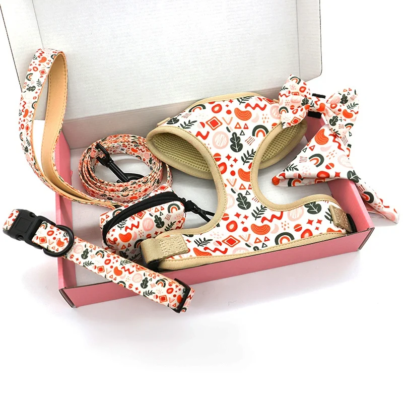 China Manufacturer Custom Dog Accessories Sublimation Printing Collar Leash And Poop Bag Luxury Neoprene Dog Harness Set