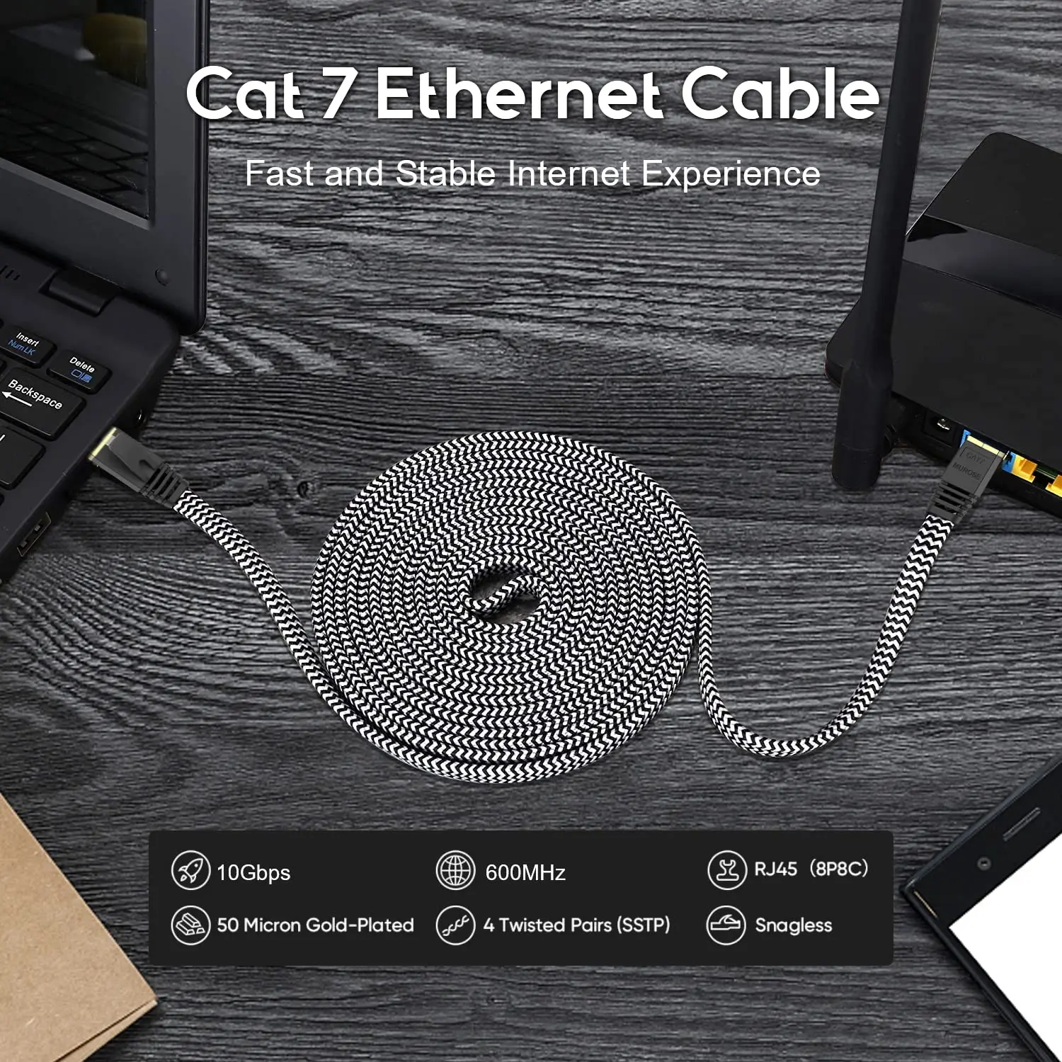 Cat 7 Ethernet Cable 6ft 32AWG Slim Flat High Speed Gigabit RJ45 LAN Internet 10Gbps Cat7 Braided Network Patch Cord