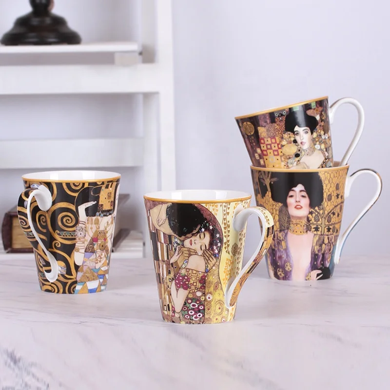 Customised Reusable Hand Painting Oil Painting Classic European Bone China Travel Coffee Mug Cup