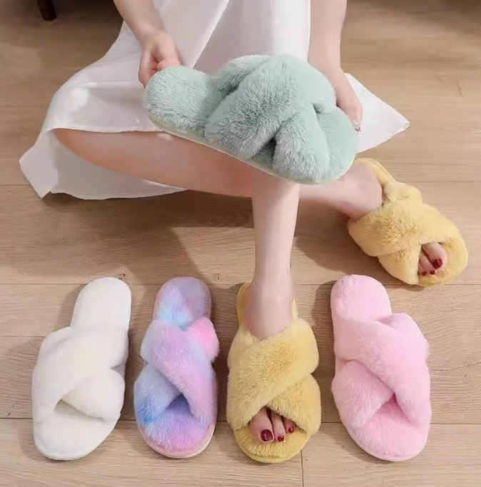 Custom Ladies House Fuzzy Fluffy Warm Flip-Flops Slippers Cross Band Memory Open Toe Women Fur Home Pumpkin Slippers for women