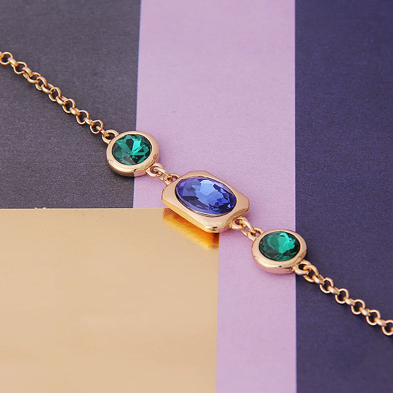 V&R Fashion jewelry woman gold plated bracelet 2 round emerald sapphire glass stone crystal healing rhinestone cuff bracelets