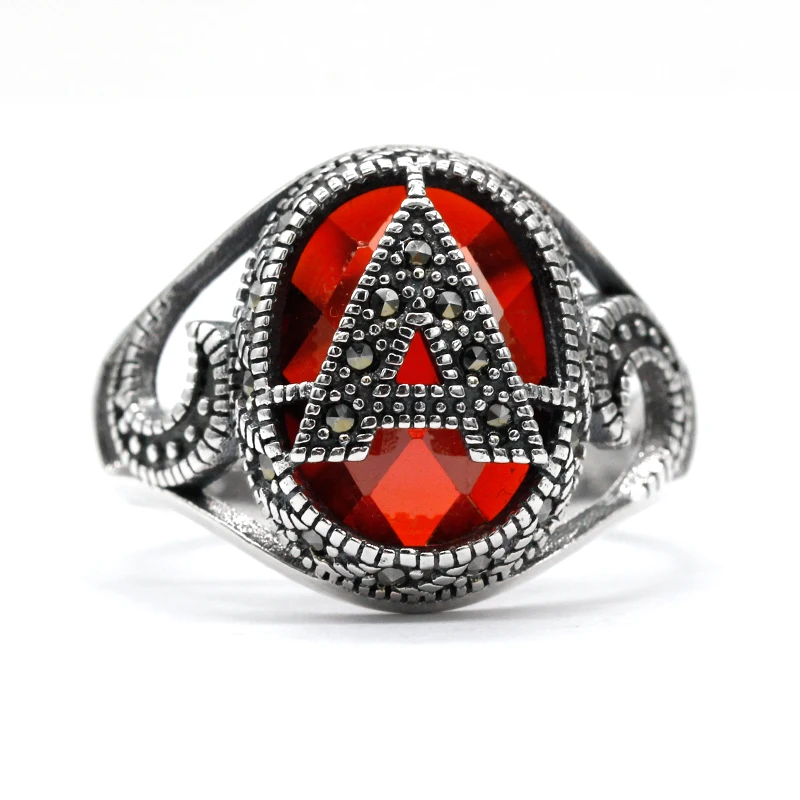 Wholesale 925 Sterling Silver Red Zircon Mosaic Stone Women Ring Letter A Rings for Woman Jewelry