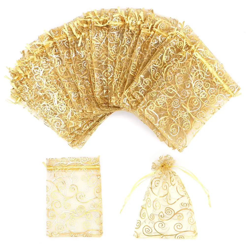 Customized Promotional Cheap Wholesale Gold Eco-Friendly Drawstring Floral Gift Organza Bags