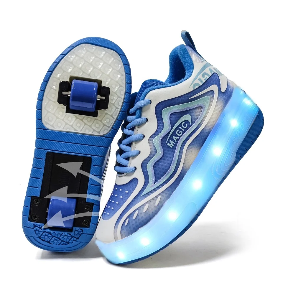 Kids Light Up Roller Sneakers Shoes With Two Retractable Wheels Outdoor Sports Inline Skate For Girls Boys