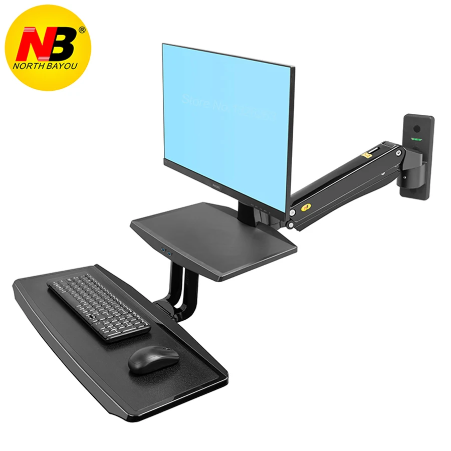 NB MC55 Ergonomic Sit Stand Workstation 24-35 inch Monitor Holder Wall Mount with Foldable Keyboard Tray Gas Strut Arm