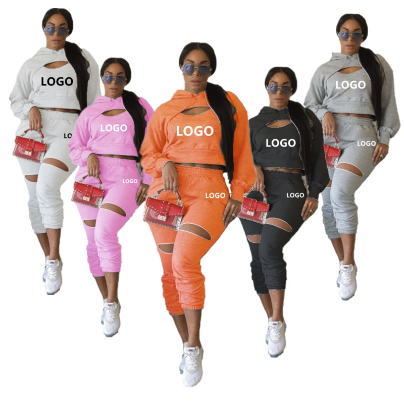 Womens fall outfit famous brand solid color printing logo crop hoodie set 2 piece set  designer long sleeve  two piece pants set