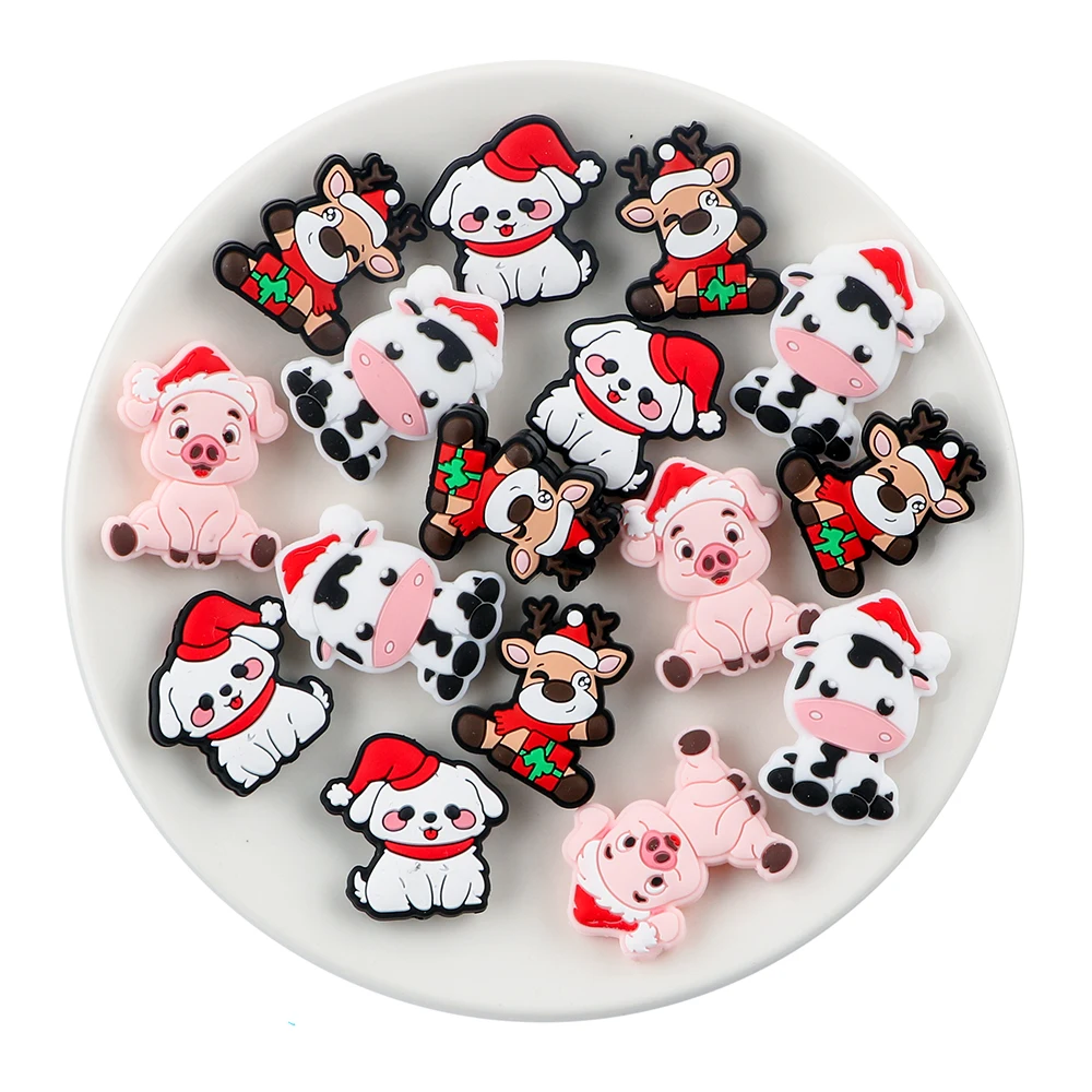 Christmas Pigs cows dogs Silicone Beads Pens Custom Infant Chew DIY Teething Silicone Charms Focal Beads For DIY Pens