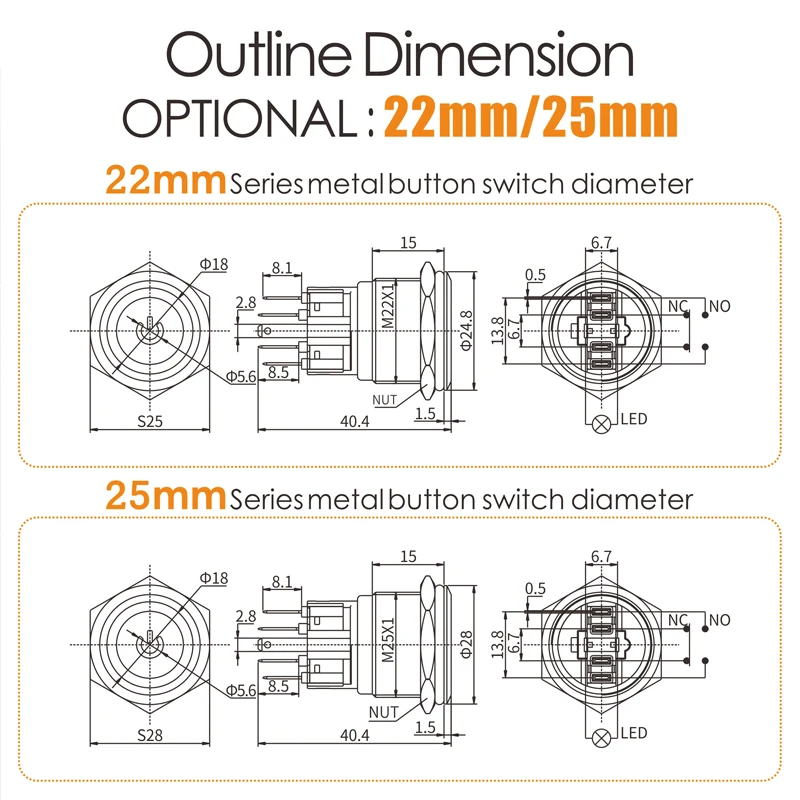 LANBOO 22B Series Push Button Switch For Kitchen Hood With Plat Without LED  high current 7A