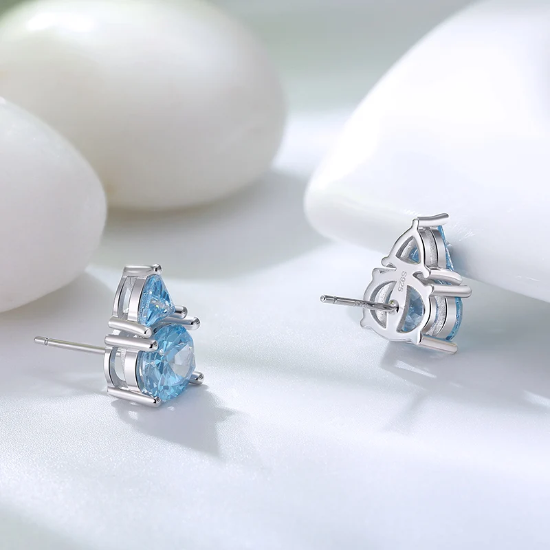RINNTIN SE299 Natural Blue Topaz CZ 925 Sterling Silver Stud Earrings Blue Topaz Luxury Triangle Oval Cut Stone Earrings