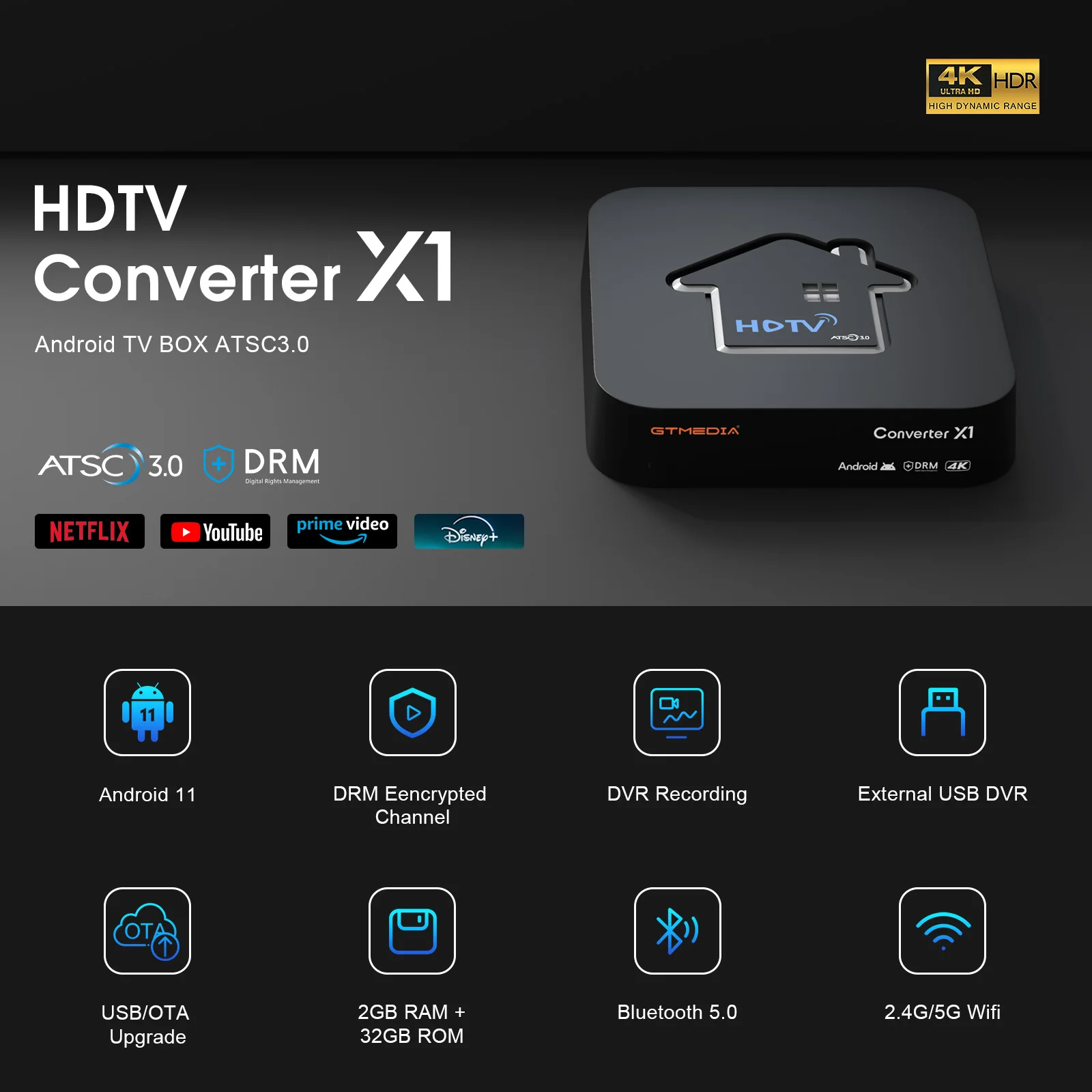 TV Receiver Media Player GTMEDIA HDTV Mate Android 11 BOX for USA channels ATSC3.0 4K player