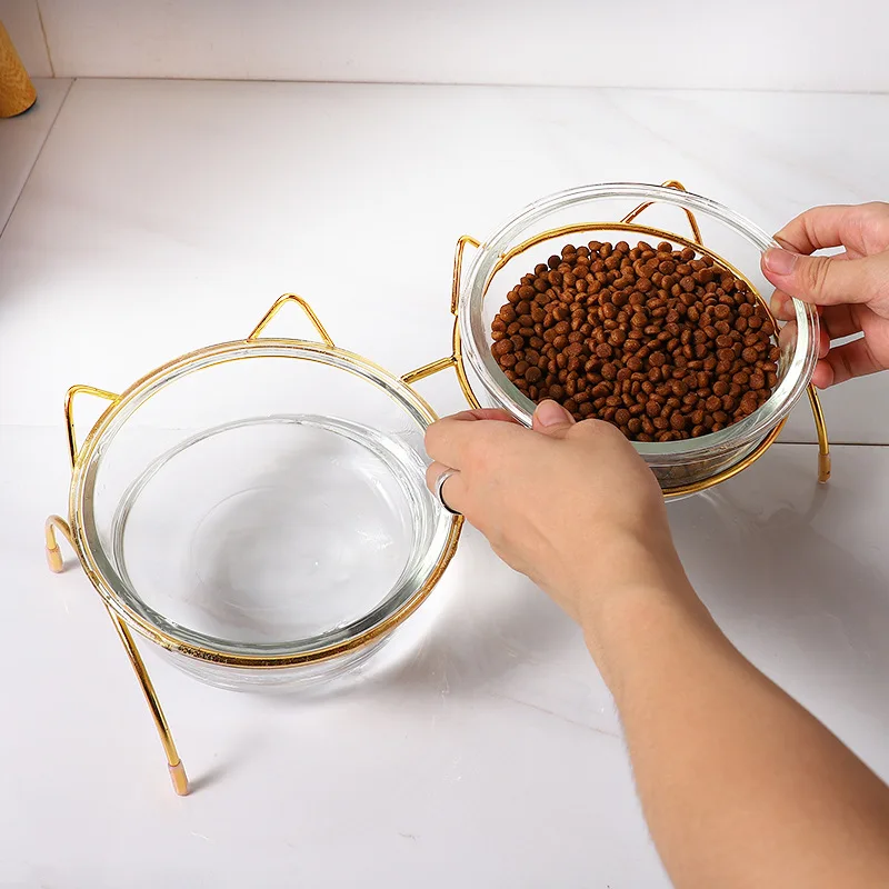 Eco friendly Wholesale Manufacturer Pet Food Feeder Glass Bowl Pet Cat Dog Bowl Stainless Steel Stand