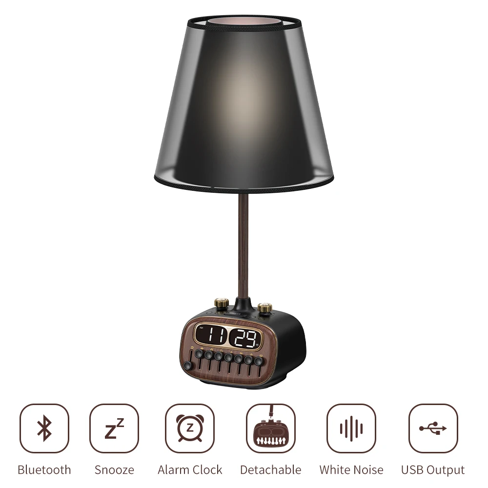 Multifunction dual alarm clock timing bedside lamp hotel retro white noise bluetooth linen fabric lamp shade USB led desk lamp