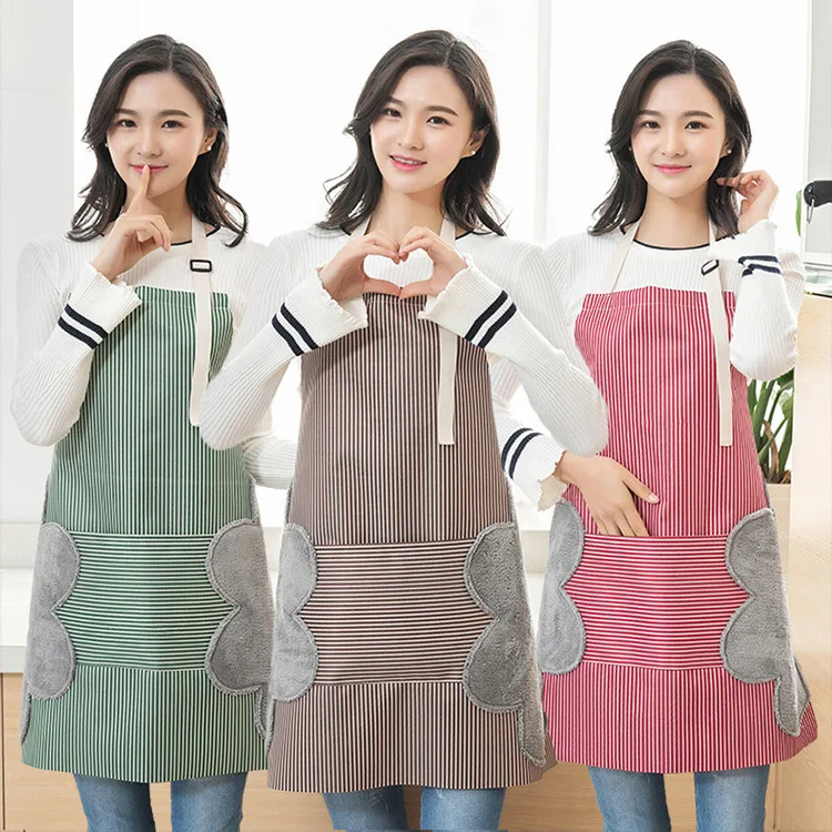 Home thickened kitchen apron Oxford cloth coral fleece adjustable hand-wiping waterproof and oil-proof overalls  Striped Apron