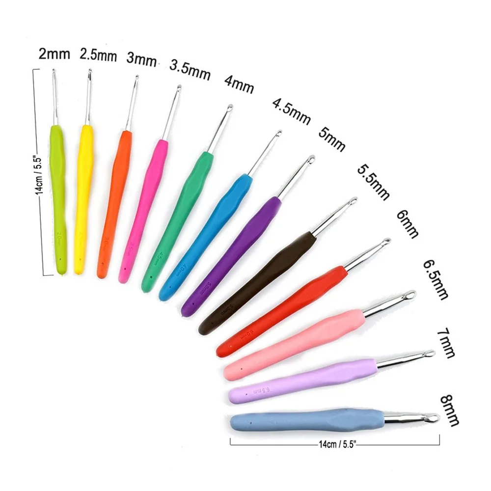 14pieces 2-10mmAluminum Crochet Hook Set Silicone Handle Knitting Needles Knitting Yarn Crochet Needles for Weaving Sewing Craft