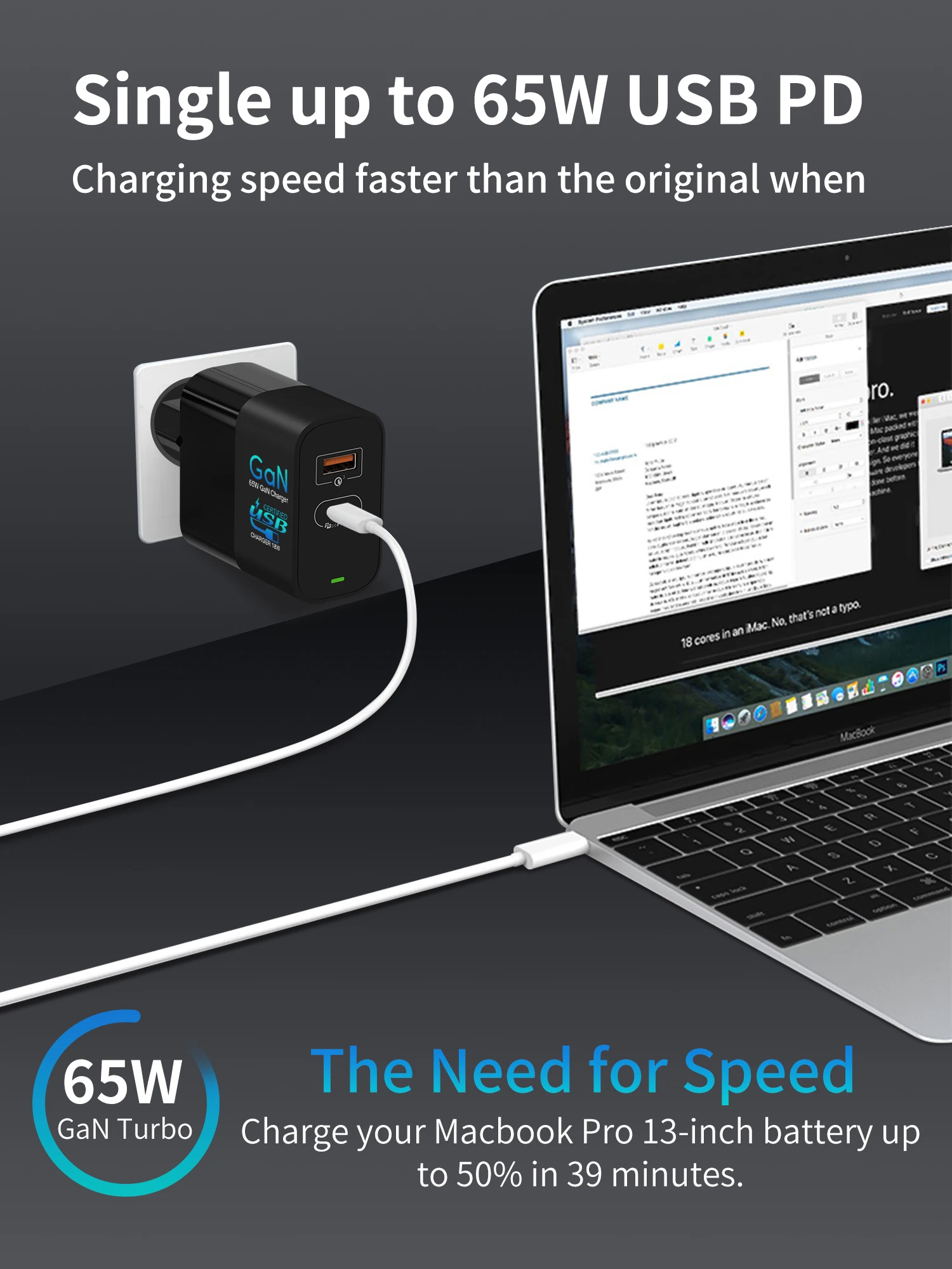 HUNDA 2020 new products GaN Tech 2 ports PD Charger Type C 65W replaceable US/AU/UK plug Usb 3.0 charger for laptop Adapter