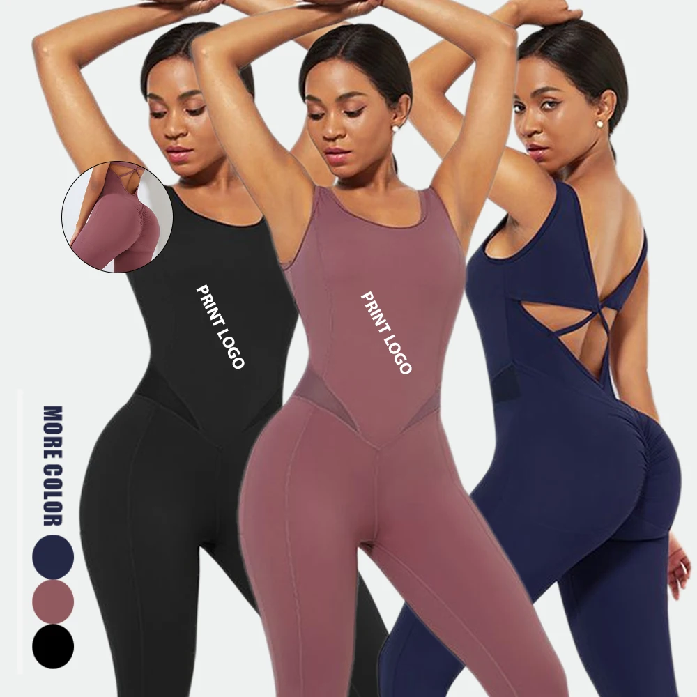 HEXIN 2021 New Design Yoga Bodysuit Breathable Workout Criss-Cross Back Fitness One-Piece Bodycon Long Jumpsuit  For Women