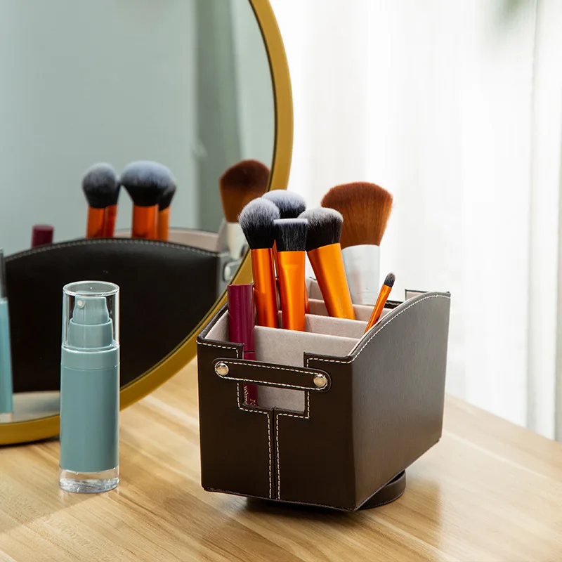 Custom Black PU Leather Desktop Organizer 360 Degrees Rotatable Hotel Home TV Remote Control Holder for Sundries Storage