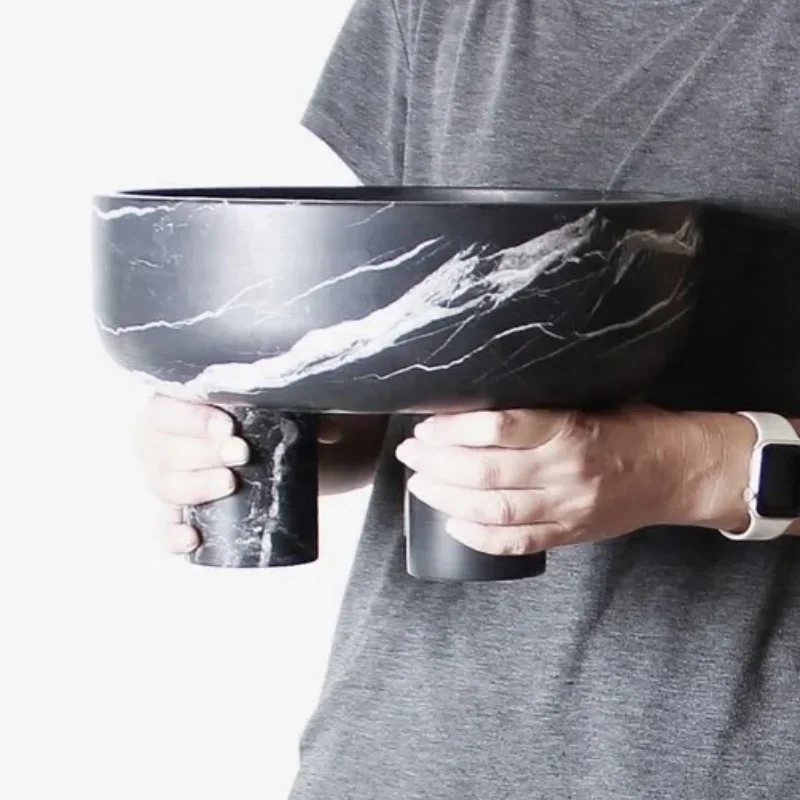Extra-large Handmade Nero Marquina Marble Pedestal Bowl With 3 Legs