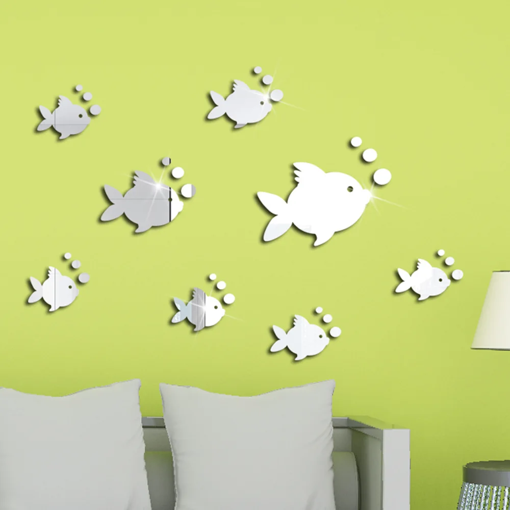 Acrylic Underwater world small fish bubble three-dimensional Mirror Wall Sticker Bedroom Living Room Home Decor Self Adhesive