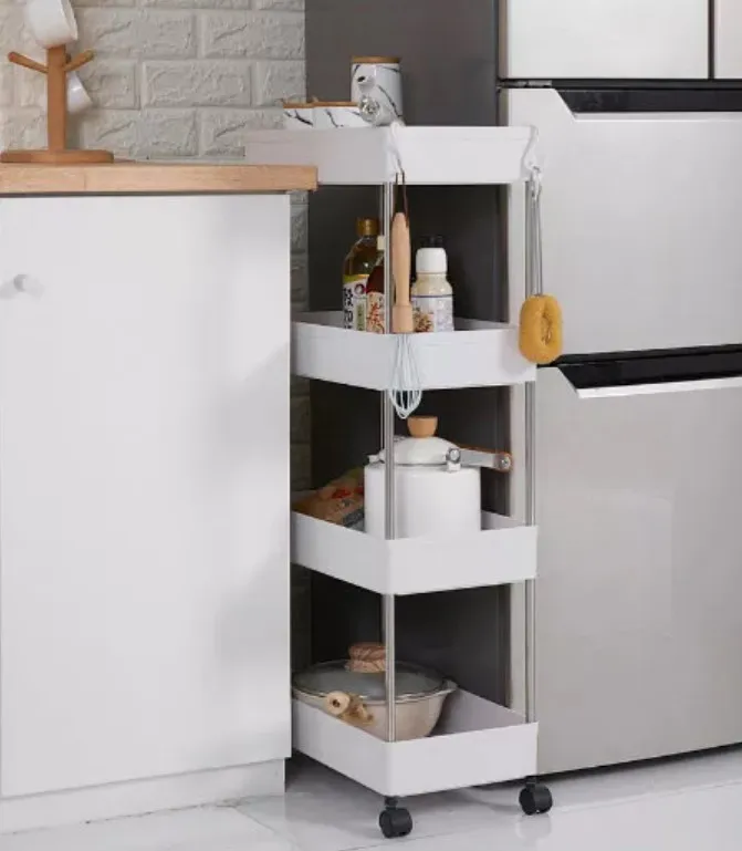 Plastic Removable Bathroom Kitchen Storage Rack with Hook multi-Tier Plastic Storage Shelf Rack with moving wheels