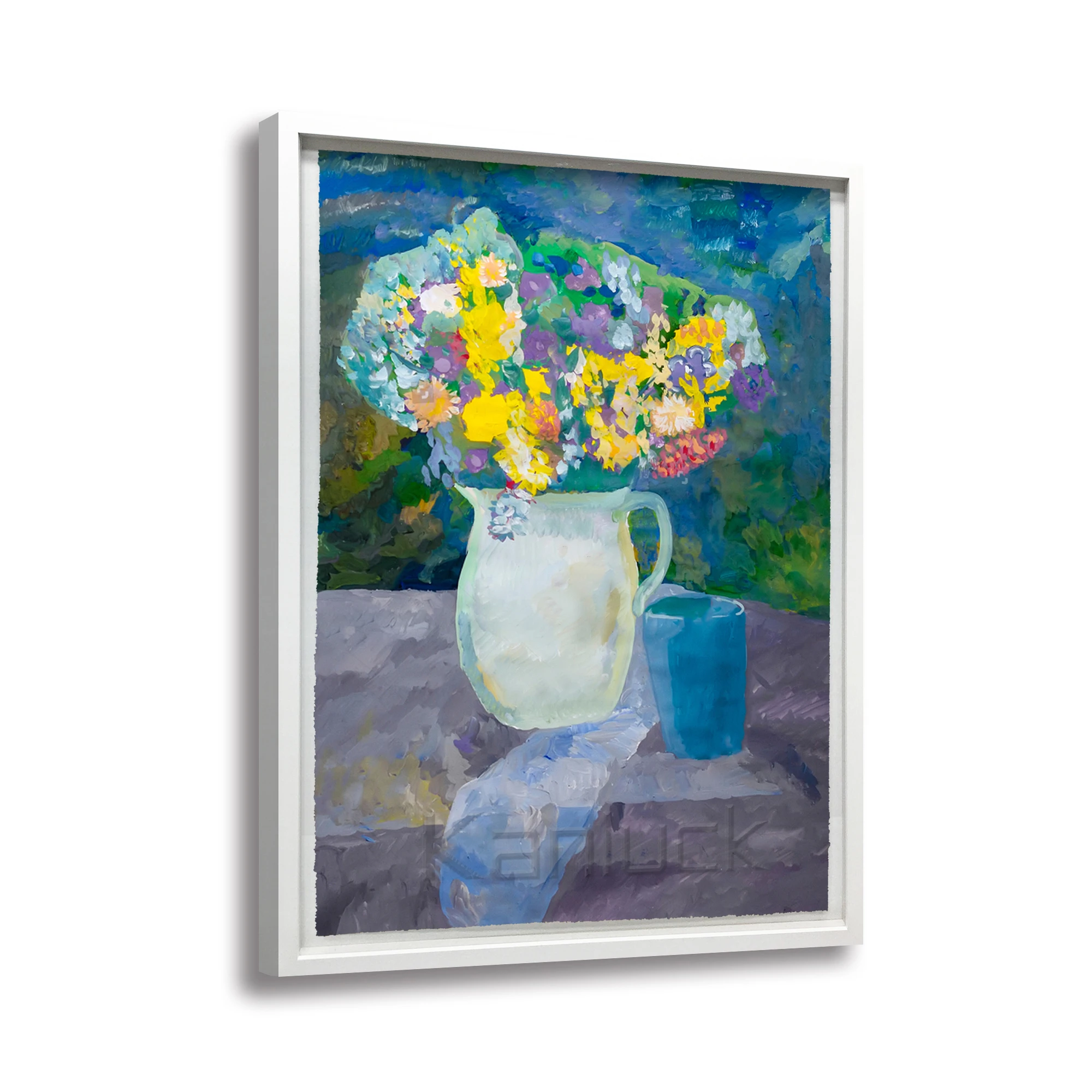 Bouquet Of Colorful Flowers In A White Ceramic Pitcher Art Canvas  Art Print On Canvas Painting Art Hot Selling