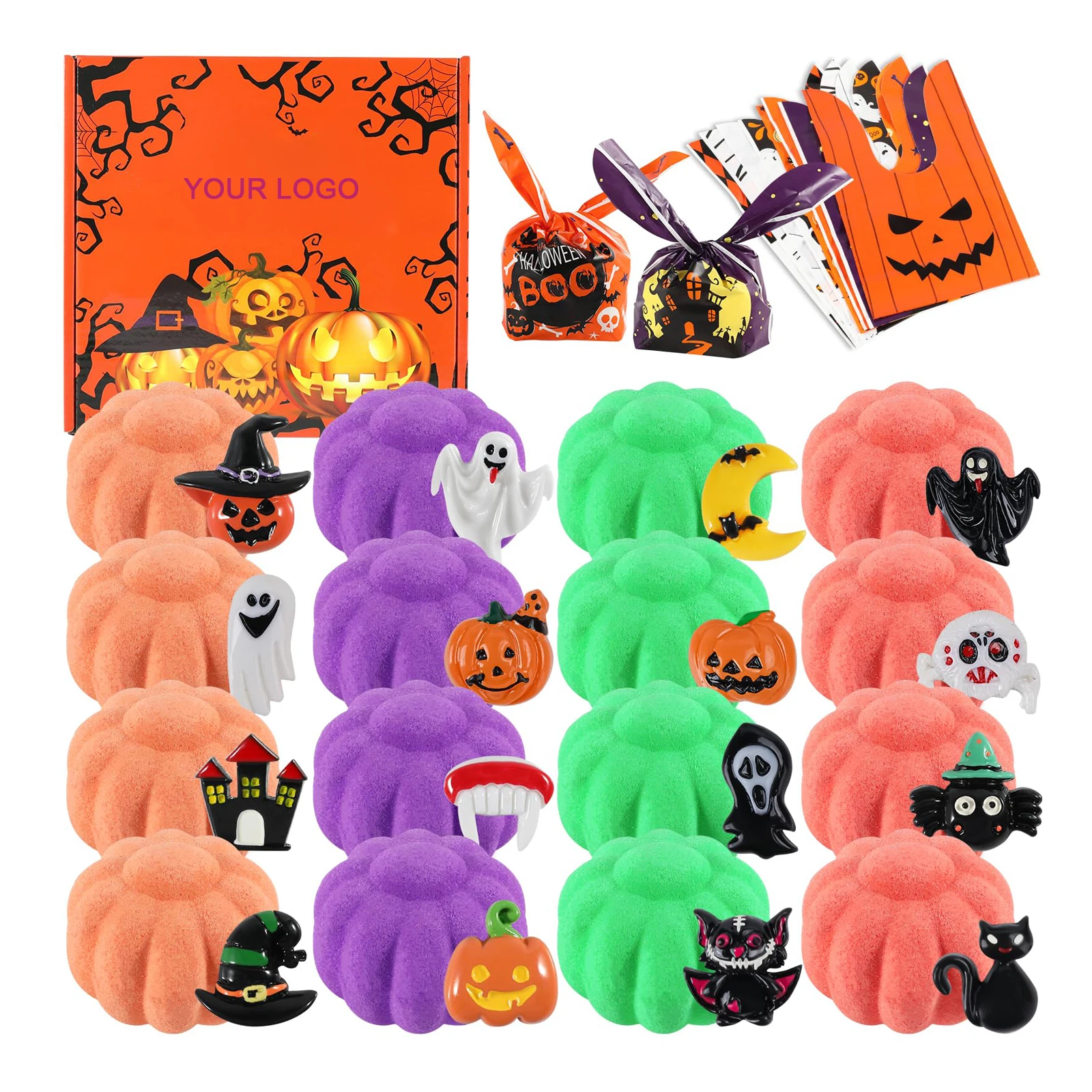 Private Label 6pcs Fun Bubble Bath Gift Set Natural Organic Pumpkin Bath Bomb Set Halloween Bath Bombs for Kids with Toys Inside